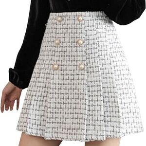 Double Split Long Pleated Tweed A Line Wool Blend Mini Skirt
